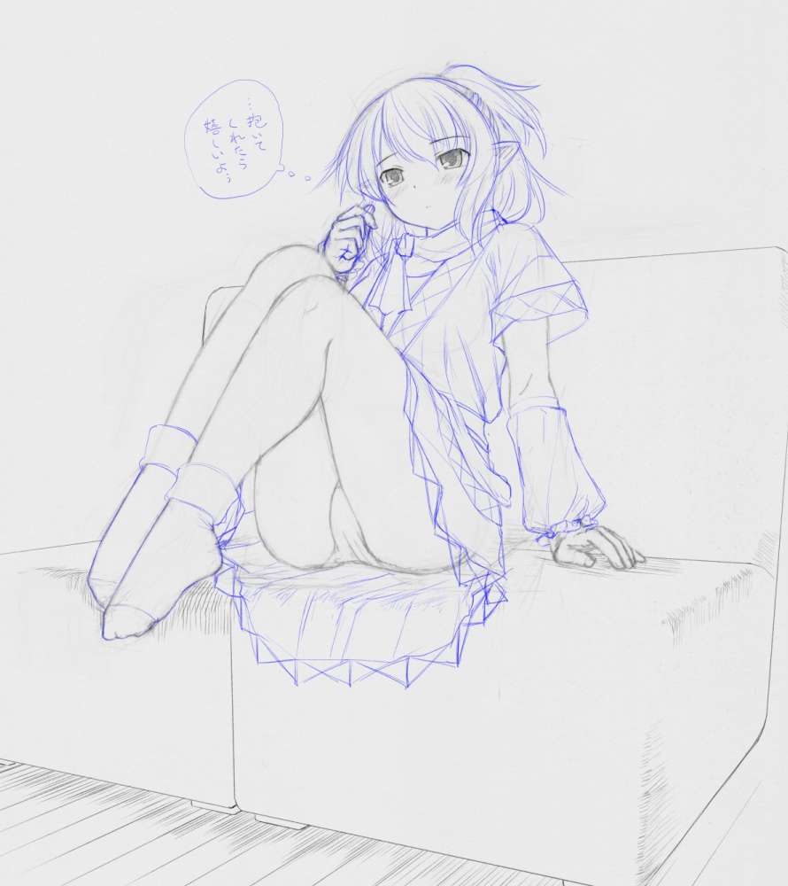 arm_warmers couch hair_twirling kasuga_yukihito mizuhashi_parsee monochrome panties pantyshot pantyshot_(sitting) pantyshot_sitting pointy_ears scarf short_hair sitting sketch socks solo touhou traditional_media translation_request underwear