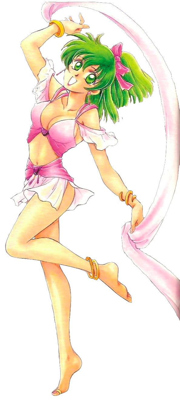 90s anklet barefoot bow bracelet dancer dancing earrings fire_emblem green_eyes green_hair hair_bow highres jewelry leen_(fire_emblem) long_legs official_art scan tied_hair toe_ring toes traditional_media veil