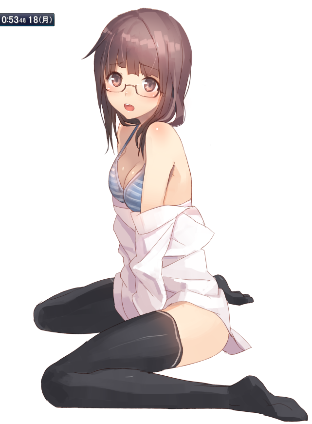 ac_(eshi) bare_shoulders black_legwear blush bra breasts brown_eyes brown_hair cleavage glasses open_clothes open_mouth open_shirt original sitting solo strap_gap striped striped_bra thigh-highs thighhighs underwear undressing wariza white_background