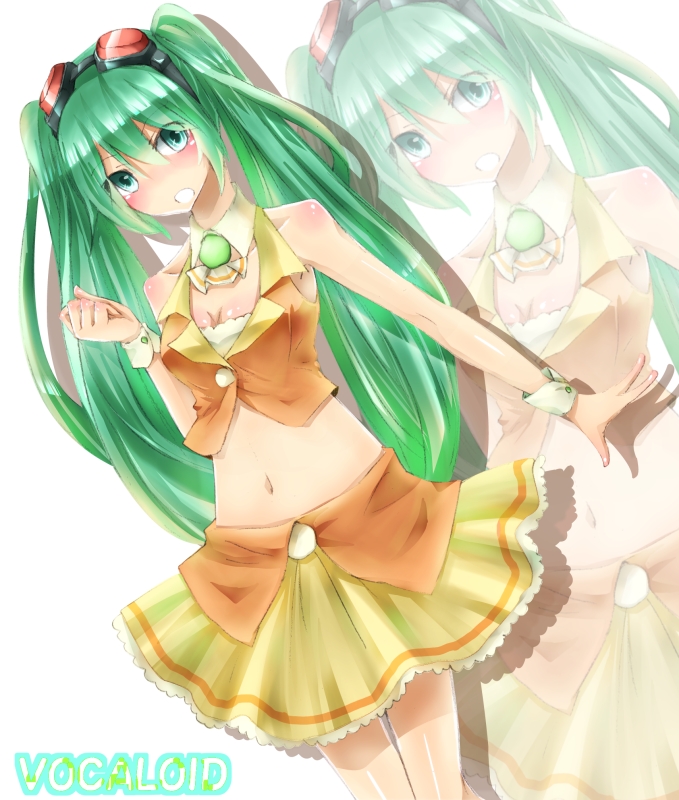 blush goggles goggles_on_head green_eyes green_hair gumi gumi_(cosplay) hatsune_miku long_hair midriff navel simple_background skirt solo twintails uruha_(yw1109) vocaloid white_background wrist_cuffs zoom_layer