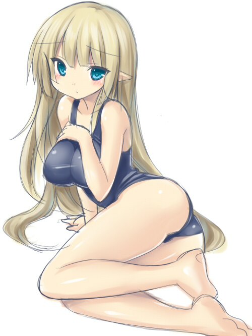 ass bare_legs bare_shoulders barefoot blonde_hair blue_eyes breasts large_breasts long_hair lying on_side original pointy_ears school_swimsuit sketch solo swimsuit thighs tsukumiya_amane