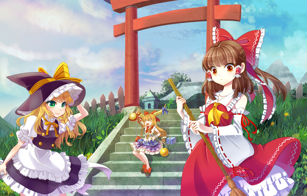 :o apron arm_up bamboo_broom blonde_hair blue_sky bow braid broom brown_hair chain chains closed_eyes cloud clouds cuffs daisy detached_sleeves eyes_closed fence flower frills grass green_eyes hair_bow hair_tubes hakurei_reimu hand_on_hat hat high_collar horn_ribbon horns ibuki_suika kirisame_marisa leaf long_hair long_sleeves looking_at_another looking_at_viewer manacles mimika_(puetilun) mountain multiple_girls open_mouth orange_hair puffy_sleeves red_eyes ribbon short_hair short_sleeves shrine single_braid sitting sky sleeveless sleeveless_shirt smile stairs star stone_lamp stone_lantern torii touhou tree very_long_hair vest wide_sleeves wind witch_hat