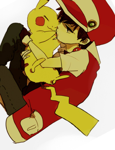 1boy baseball_cap black_eyes black_hair child gloves hat hug petting pikachu pokemon pokemon_(creature) pokemon_(game) pokemon_rgby red_(pokemon) red_(pokemon)_(classic) tomtomjm