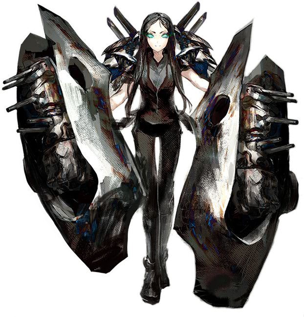 1girl aqua_eyes bare_shoulders full_body kantai_collection long_hair machinery official_art pants ru-class_battleship shinkaisei-kan shoulder_pads smile solo standing sugimoto_gang transparent_background turret white_skin