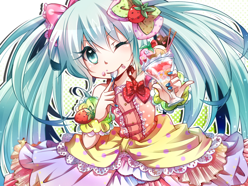 aqua_eyes aqua_hair dress eating food food_as_clothes food_on_face food_themed_clothes hatsune_miku ice_cream long_hair nail_polish pinky_out smile solo spoon sundae tsujiori twintails very_long_hair vocaloid wink