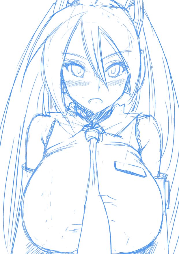 bare_shoulders blush breasts bust detached_sleeves drawfag hair_ornament hatsune_miku huge_breasts long_hair maydrawfag monochrome necktie sketch solo twintails vocaloid