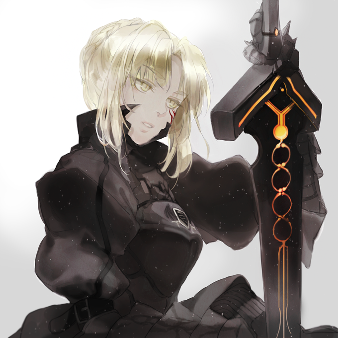 armor armored_dress belt blonde_hair breastplate chacall dark_excalibur dress fate/stay_night fate_(series) gauntlets holding parted_lips puffy_sleeves saber saber_alter simple_background solo sword weapon yellow_eyes