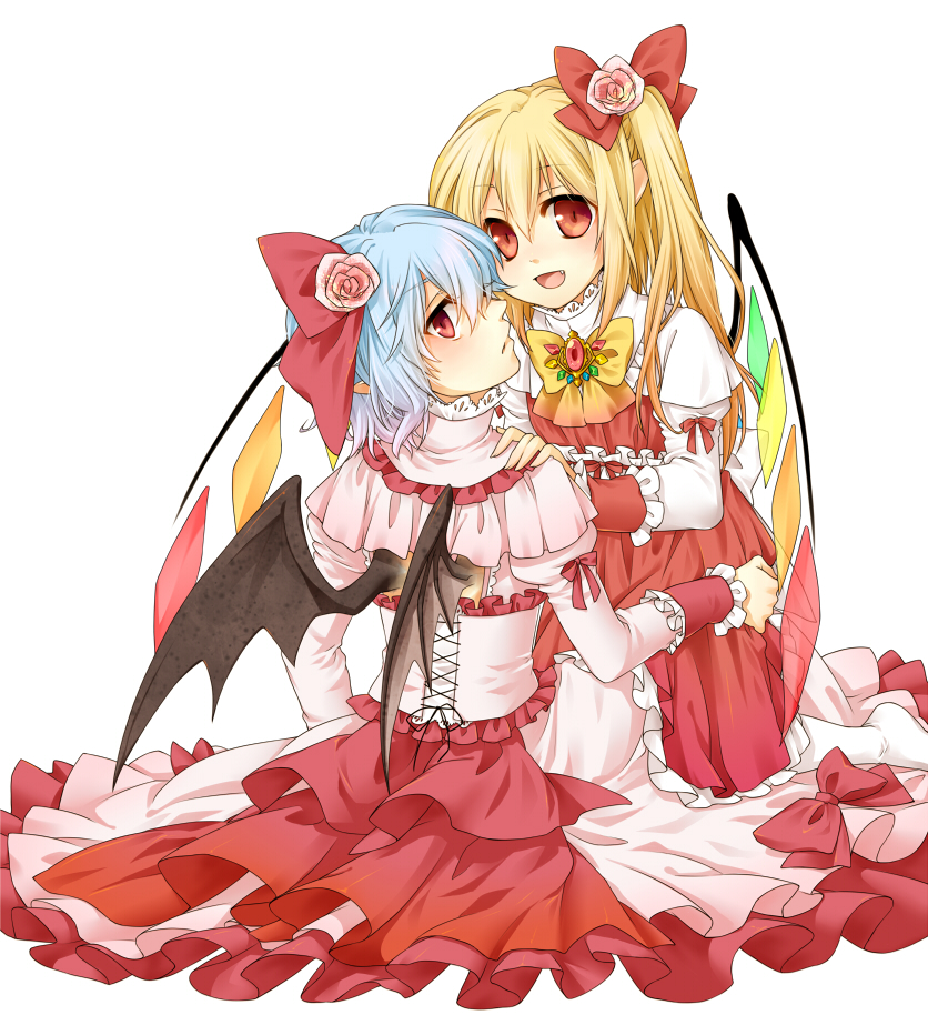 adapted_costume alternate_costume bat_wings brooch corset dress fang flandre_scarlet flower hair_flower hair_ornament hand_on_shoulder jewelry kneeling kuronohana long_hair looking_back multiple_girls no_hat no_headwear red_eyes remilia_scarlet short_hair side_ponytail simple_background sitting smile touhou white_background wings