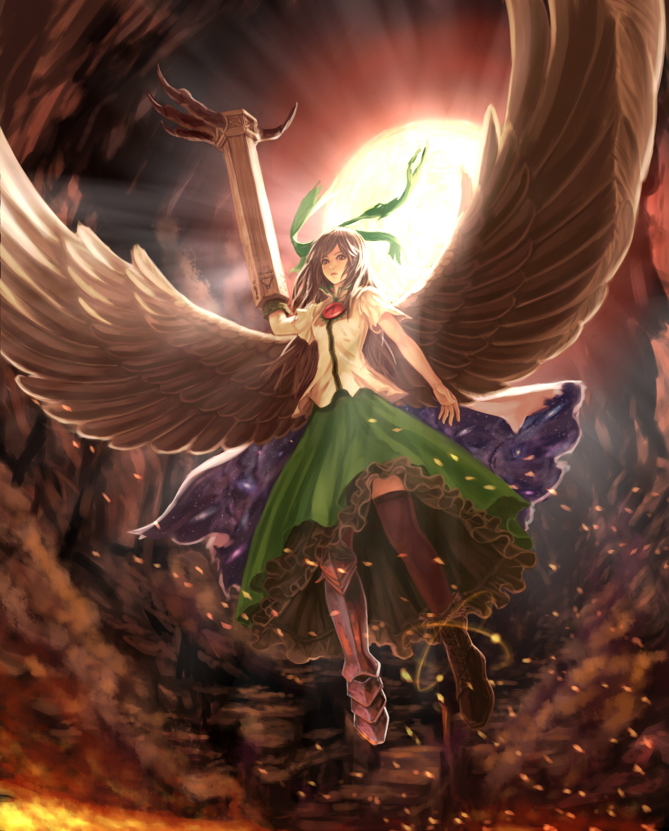 1girl ankle_boots arm_cannon arm_up belph bird_wings blouse bow brown_eyes brown_hair cape cave cross-laced_footwear embers fire floating greaves hair_bow highres lips long_hair looking_away mismatched_footwear reiuji_utsuho short_sleeves skirt solo star_print sun talons thigh-highs third_eye touhou weapon