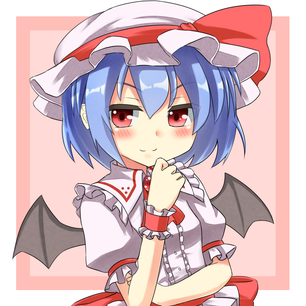 ascot bat_wings blouse blue_hair blush_stickers brooch bust buttons hand_to_chin hat hat_ribbon jd_(112731258) jd_(bibirijd) jewelry looking_at_viewer pink_background red_eyes remilia_scarlet ribbon short_hair short_sleeves smile solo touhou wings wrist_cuffs