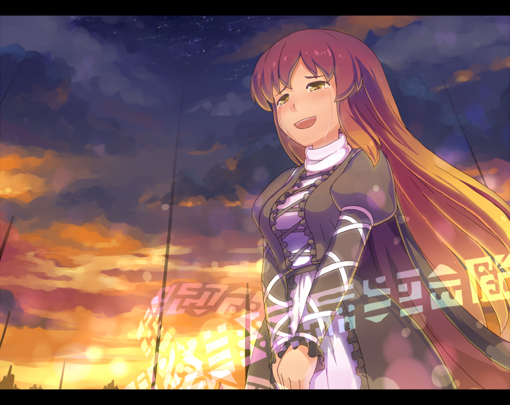 blonde_hair blush breasts cloud clouds crying crying_with_eyes_open dress dusk gradient_hair hijiri_byakuren letterboxed long_hair monosenbei multicolored_hair open_mouth purple_hair smile solo sorcerer's_sutra_scroll tears touhou v_arms yellow_eyes