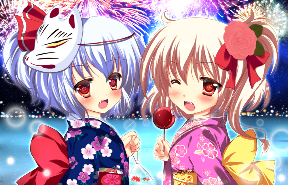 alternate_costume bag blonde_hair blue_hair blush candy_apple city_lights fang fireworks fish flandre_scarlet floral_print flower fox_mask hair_flower hair_ornament hair_ribbon heart heart-shaped_pupils japanese_clothes kimono looking_at_viewer mask multiple_girls no_hat no_headwear obi open_mouth red_eyes red_sky remilia_scarlet ribbon rika-tan_(artist) sash short_hair siblings side_ponytail sisters sky smile sunset symbol-shaped_pupils touhou turning wink