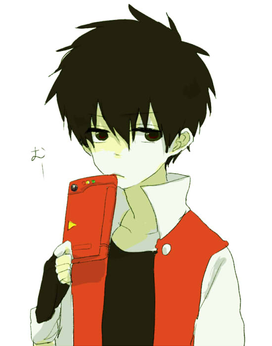 black_eyes black_hair child fingerless_gloves gloves headwear_removed holding male pokedex pokemon pokemon_(game) pokemon_rgby red_(pokemon) red_(pokemon)_(classic) simple_background solo tomtomjm