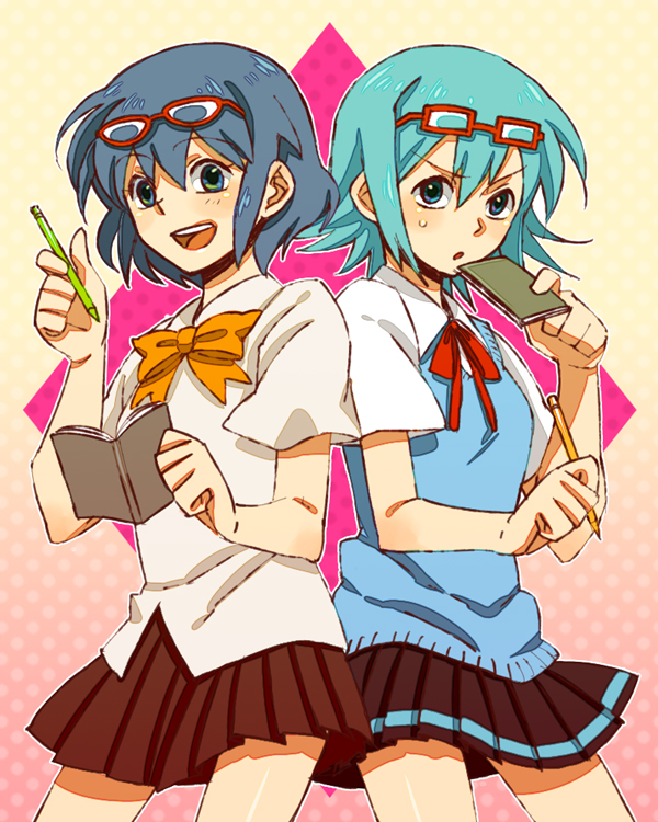 ar_(rikuesuto) blue_eyes blue_hair crossover glasses glasses_on_head green_hair inazuma_eleven inazuma_eleven_(series) look-alike mori_ai multiple_girls notebook otonashi_haruna pencil ribbon skirt ueki_no_housoku