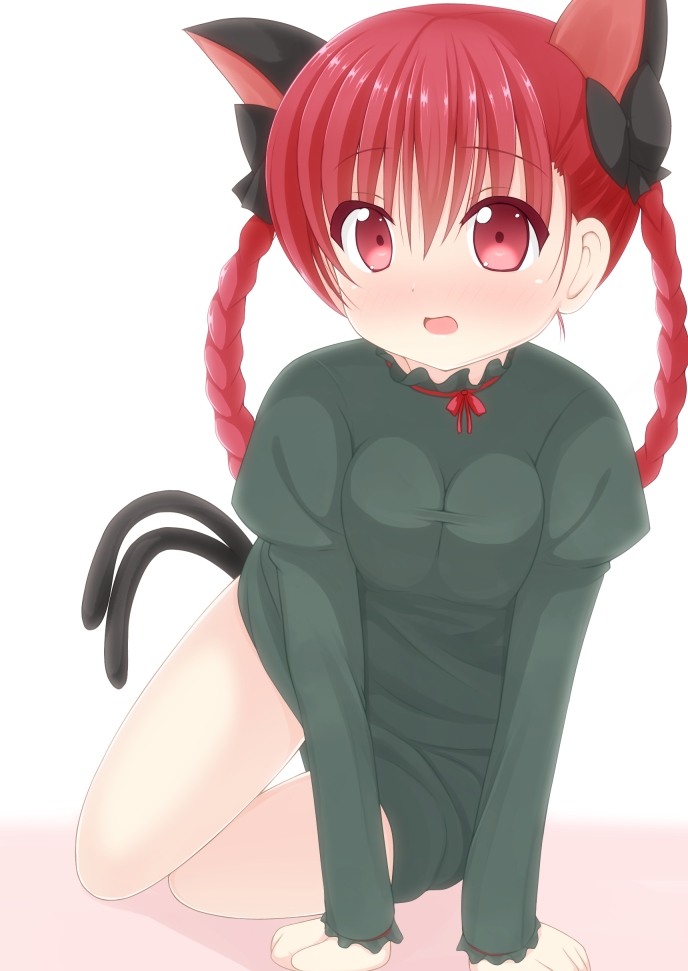 all_fours animal_ears blush bow braid breast_squeeze breasts cat_ears cat_tail chimunge dress green_dress hair_bow kaenbyou_rin looking_at_viewer multiple_tails open_mouth red_eyes red_hair redhead solo tail touhou twin_braids v_arms