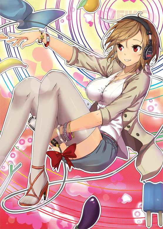 banana bracelet breasts brown_hair character_name eggplant food fruit headphones high_heels holding jewelry magister_(bigbakunyuu) meiko microphone miniskirt open_blouse open_shoes outstretched_arm popsicle red_eyes shoes short_hair skirt smile solo spring_onion star thigh-highs thighhighs vocaloid white_legwear