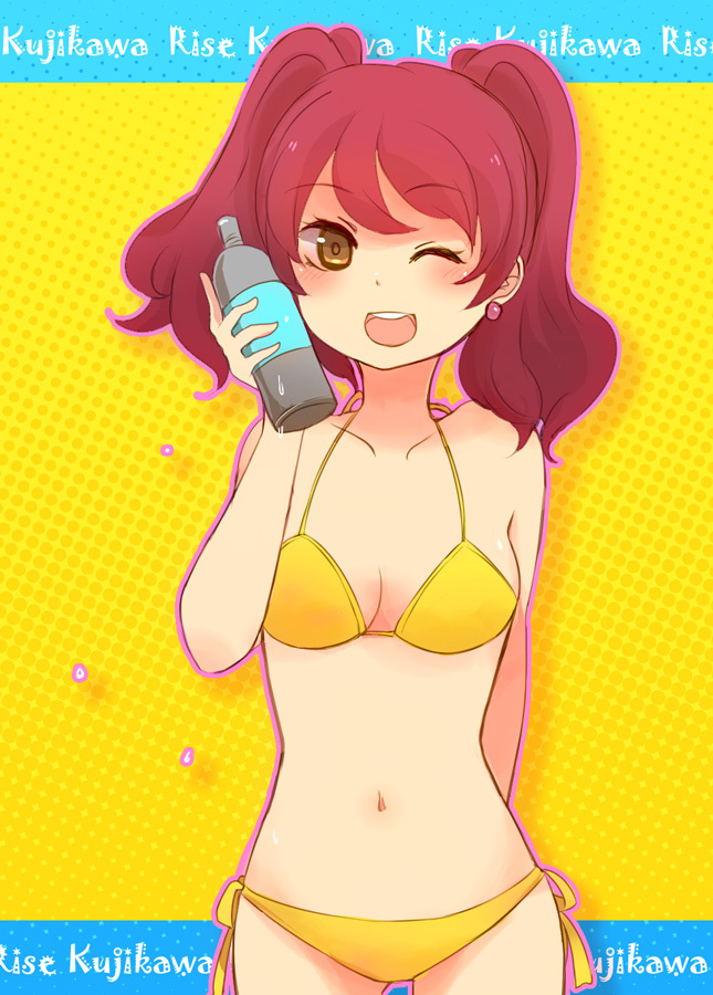 1girl ;d atlus bikini bottle brown_eyes character_name cute earrings hovering_kousin jewelry kujikawa_rise megami_tensei midriff moe navel open_mouth persona persona_4 red_hair redhead smile solo swimsuit twintails wink