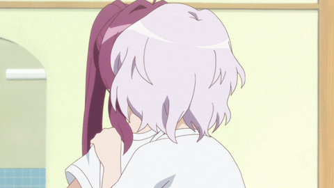 animated animated_gif blank_eyes blush closed_eyes empty_eyes excited eyes_closed fainting glasses hands_on_own_cheeks hands_on_own_face hands_on_shoulders happy ikeda_chitose kiss lowres multiple_girls open_mouth ponytail purple_eyes purple_hair screencap shirt short_hair silver_hair smile sugiura_ayano violet_eyes yuri yuru_yuri