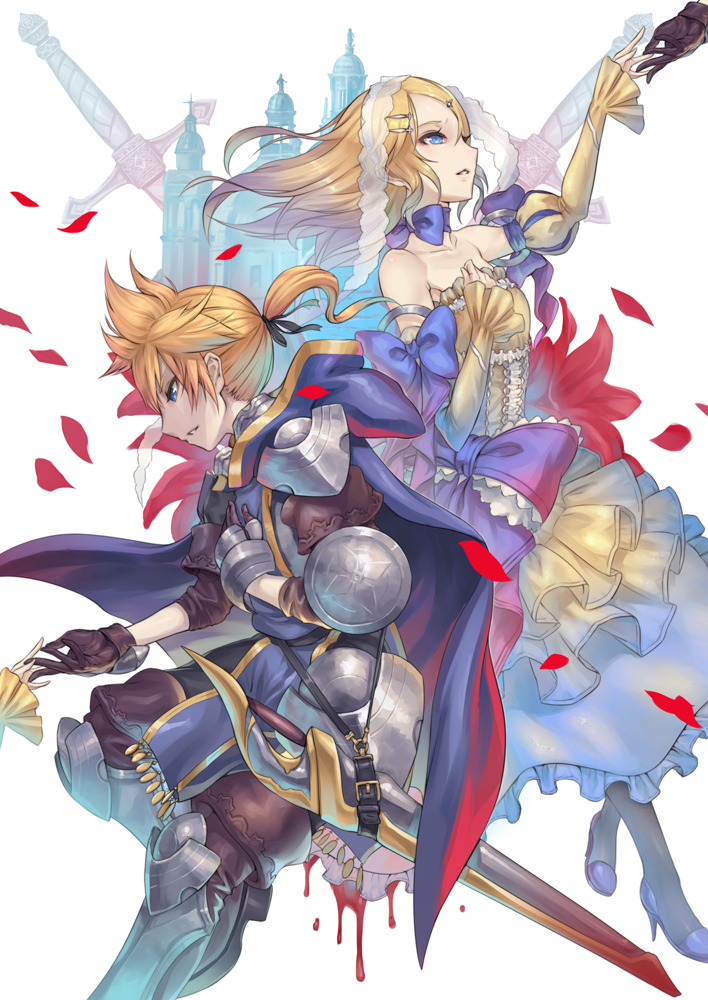 1girl 2d armor blonde_hair blood blue_eyes brother_and_sister castle detached_sleeves dress gloves kagamine_len kagamine_rin outstretched_arm ponytail romeo_and_juliet siblings sword twins vocaloid weapon