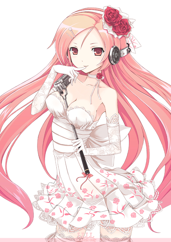 between_breasts breasts cleavage dress elbow_gloves finger_to_mouth floral_print flower gloves hair_flower hair_ornament headphones holding long_hair lucia megurine_luka microphone mikoto_akemi pangya red_eyes simple_background solo thigh-highs thighhighs vocaloid wedding_dress white_background white_dress white_gloves white_legwear