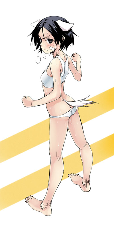 &gt;:( animal_ears ass barefoot black_eyes black_hair blush butt_crack clenched_hand clenched_hands dog_ears dog_tail grey_eyes kanno_naoe panties satou_atsuki short_hair silver_eyes solo strike_witches sweat tail tank_top underwear white_panties