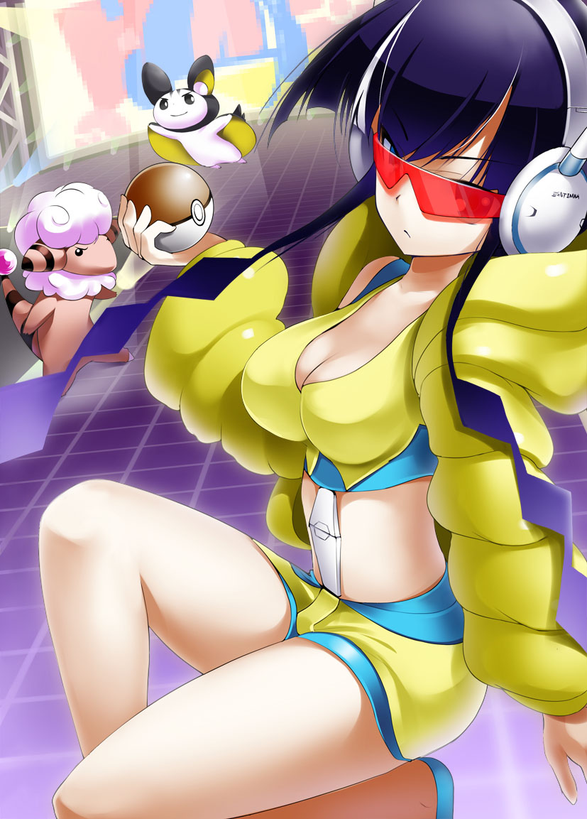 animal black_hair breasts character_request cleavage creature emolga flaaffy fur_coat headphones kamitsure_(pokemon) large_breasts leg_up legs long_hair midriff mocchi poke_ball pokemon pokemon_(game) pokemon_bw2 sheep shorts solo sunglasses thighs twintails