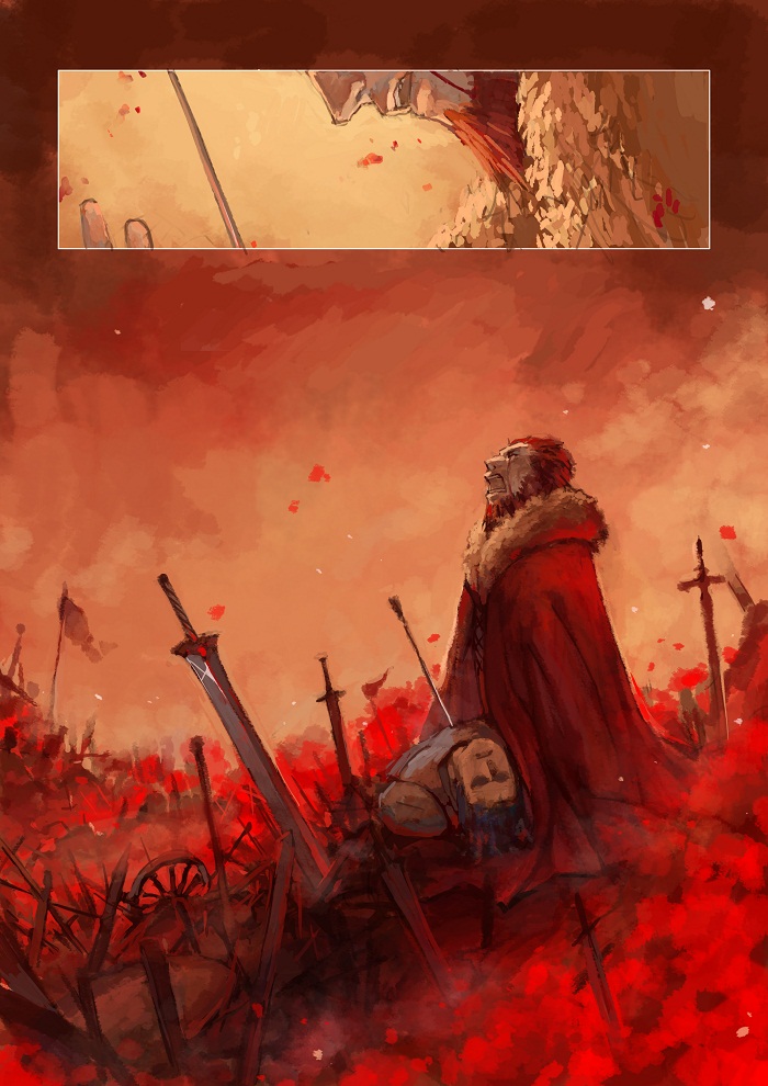a9219669 armor arrow battlefield beard blood bloody_tears cape corpse death facial_hair fate/zero fate_(series) field_of_blades male multiple_boys planted_sword planted_weapon red_eyes red_hair redhead rider_(fate/zero) sword weapon
