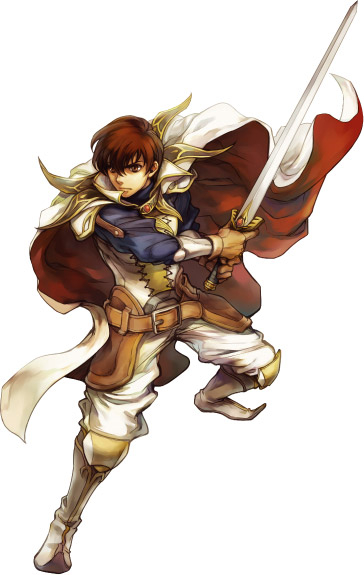 armor boots brown_eyes brown_hair cape fire_emblem fire_emblem:_kakusei fire_emblem:_thracia_776 leaf_(fire_emblem) male official_art solo sword wada_sachiko weapon