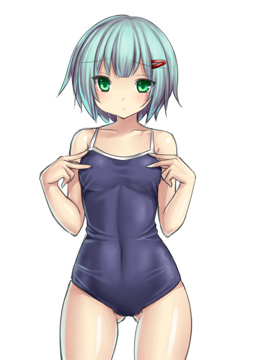 bare_shoulders blush casual_one-piece_swimsuit clothed_navel cowboy_shot green_eyes green_hair hair_ornament hairclip one-piece_swimsuit original short_hair simple_background solo swimsuit taut_swimsuit tsukumiya_amane white_background wide_hips