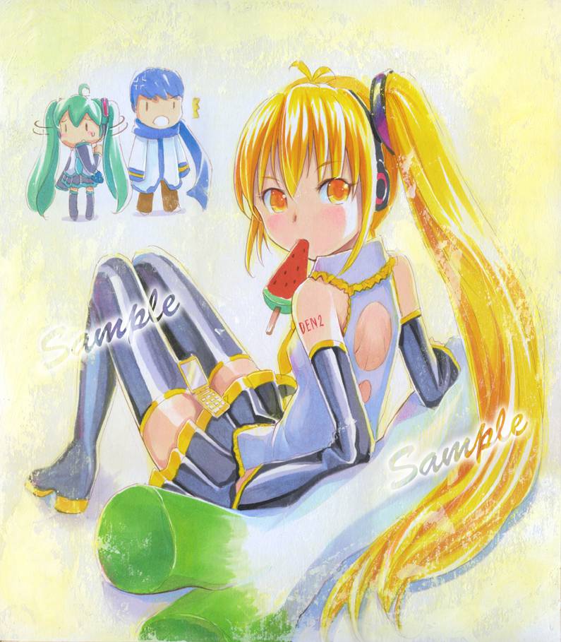&gt;:o ahoge akita_neru anger_vein bare_shoulders black_legwear blonde_hair blue_hair boots cellphone detached_sleeves food fruit green_hair hand_to_mouth hatsune_miku headphones kaito long_hair looking_at_viewer mayo_riyo mouth_hold phone popsicle sample scarf shaking_head side_ponytail skirt spring_onion suika_bar thigh-highs thigh_boots thighhighs twintails very_long_hair vocaloid watermelon watermelon_bar yellow_eyes zettai_ryouiki |_|