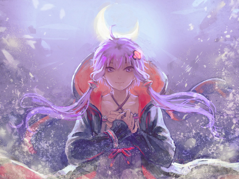 crescent_moon hair_ornament jacket long_hair looking_at_viewer moon purple_eyes purple_hair smile solo twintails violet_eyes vocaloid yamakawa_(sato) yuzuki_yukari