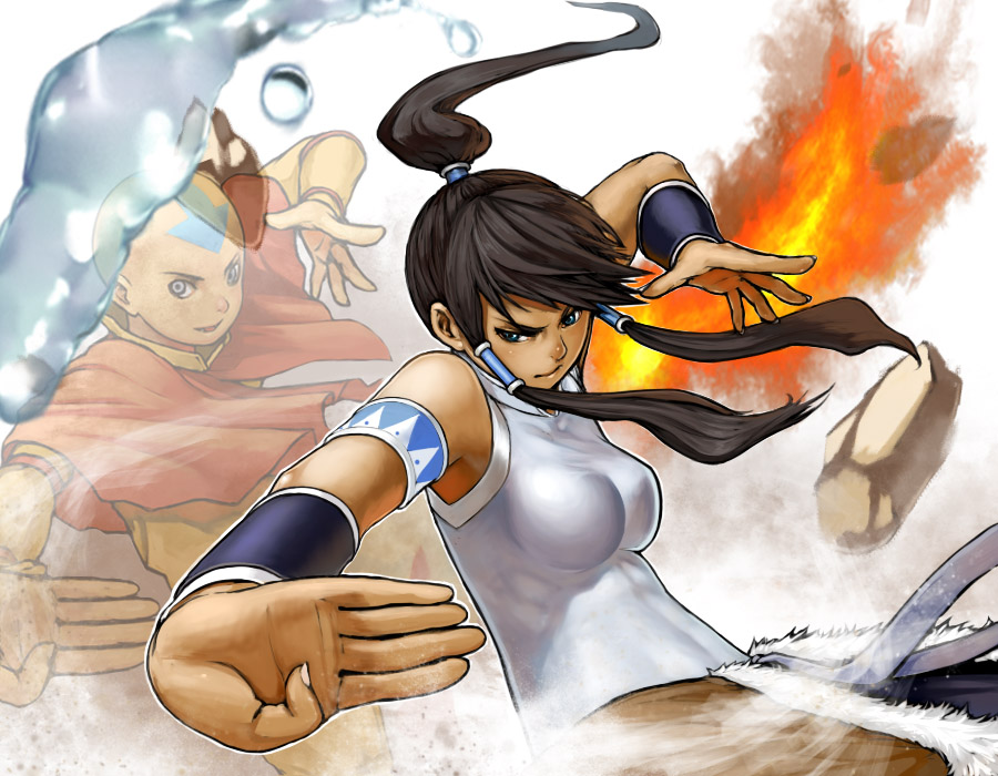 1girl aang aerokinesis armlet avatar:_the_last_airbender bald bare_shoulders blue_eyes brown_hair dark_skin element_bending fire flame geokinesis hair_tubes hydrokinesis korra legend_of_korra long_hair ponytail pose pyrokinesis rock spirit tattoo topknot vambraces water wind zerogyakuten