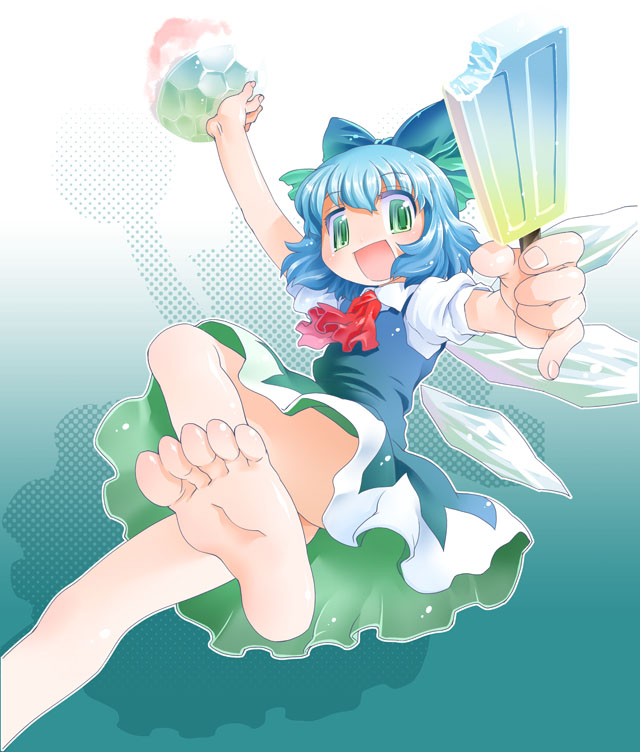 ascot barefoot blue_background blue_hair bow cirno dress feet green_eyes hair_bow ice looking_at_viewer mizuki_hitoshi open_mouth outstretched_arms popsicle shaved_ice short_hair smile soles solo toes touhou