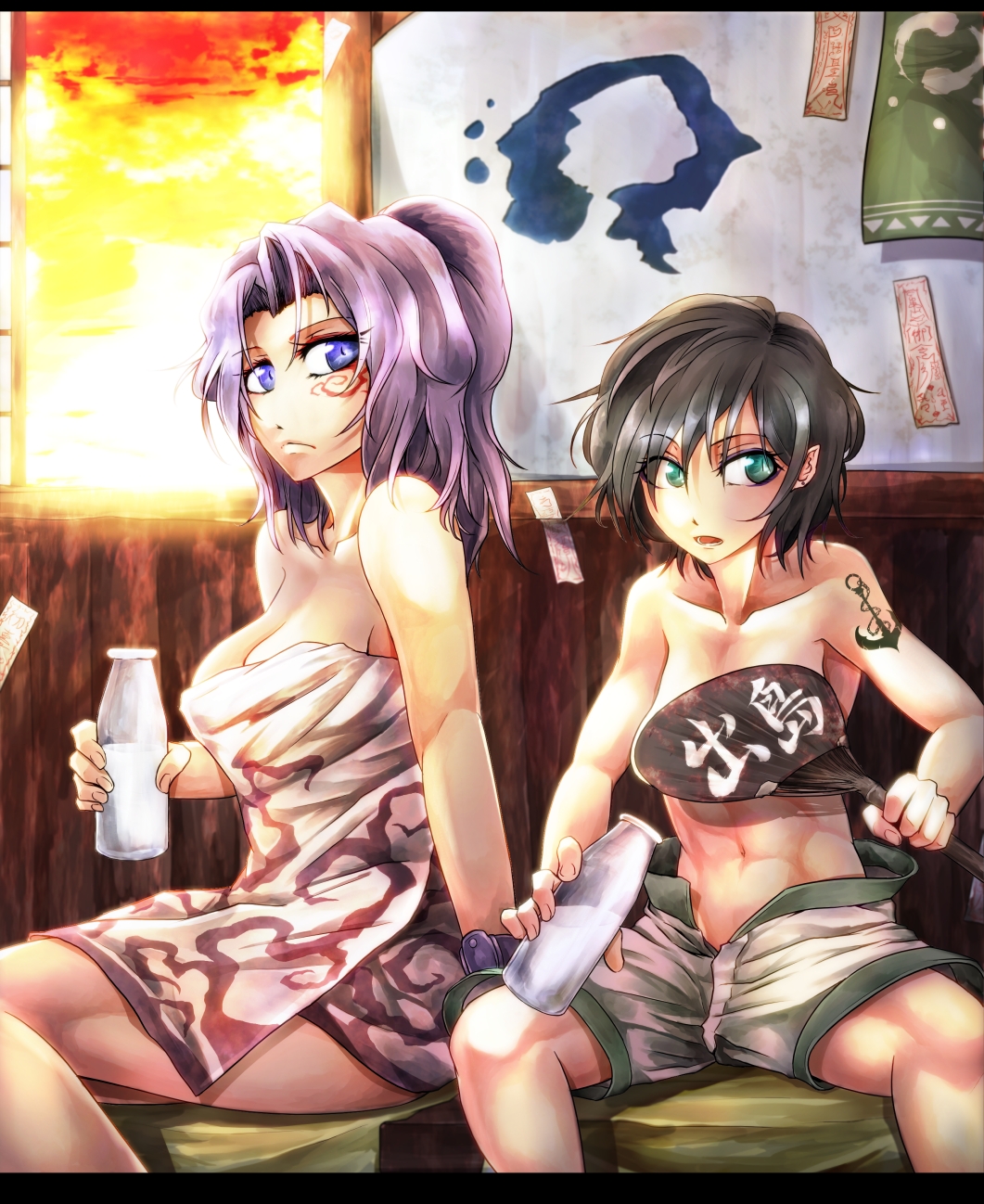 abs alternate_hairstyle bare_shoulders black_hair blue_eyes bottle breasts cleavage covering covering_breasts elf falconet_dragon fan green_eyes highres kumoi_ichirin large_breasts lavender_hair messy_hair milk multiple_girls murasa_minamitsu muscle naked_towel no_hat no_headwear pointy_ears ponytail ryuuichi_(f_dragon) short_hair sitting tattoo topless touhou towel