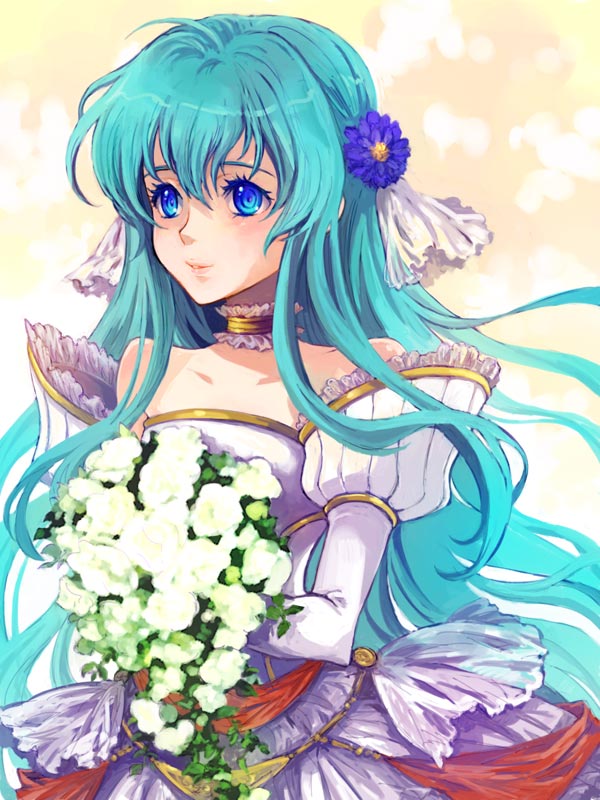 blue_eyes bouquet dress eirika fire_emblem fire_emblem:_kakusei flower saikachi wedding_dress