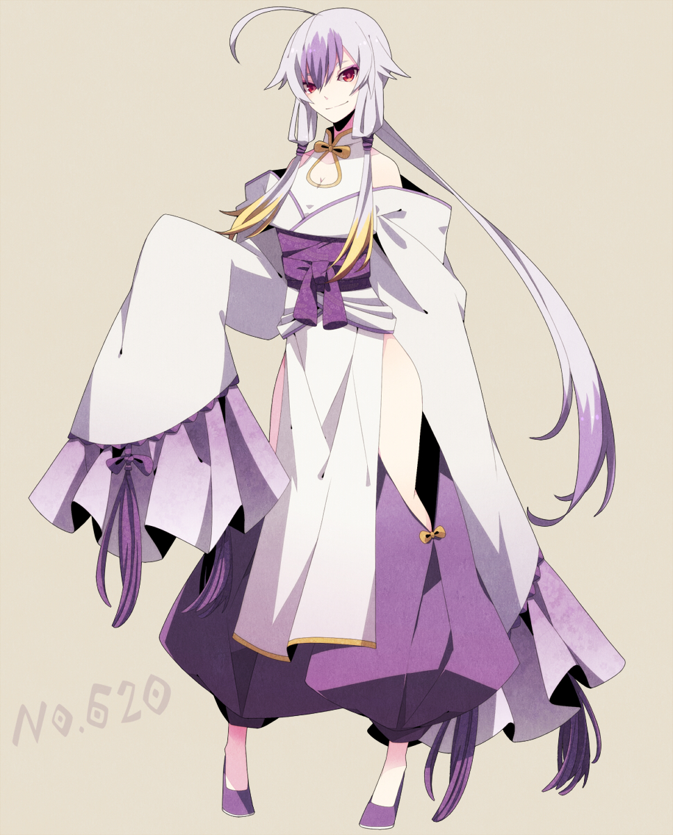 1girl ahoge bare_shoulders blonde_hair breasts cleavage clothing_request highres looking_at_viewer merlusa mienshao multicolored_hair oversized_clothes personification pigeon-toed pokemon ponytail purple_hair red_eyes ribbon simple_background sleeves_past_wrists smile solo standing tagme white_hair