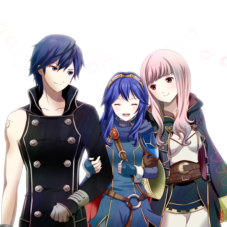 2girls :d age_difference arm_grab armor belt blue_eyes blue_hair blush cape chrom_(fire_emblem) cloak closed_eyes eyes_closed family father_and_daughter fingerless_gloves fire_emblem fire_emblem:_kakusei gloves krom long_hair lucina machinosuke mother_and_daughter multiple_girls my_unit open_mouth pink_eyes pink_hair skirt smile tiara