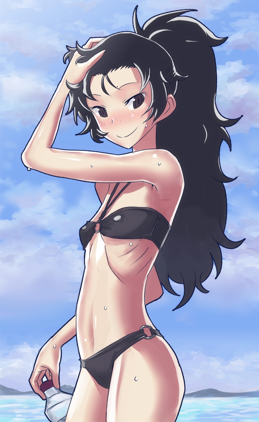 arm_up armpits bangs bikini black_bikini black_hair black_swimsuit blush bottle brown_eyes cloud copyright_request flat_chest freckles halterneck hand_in_hair hand_on_head highres holding long_hair looking_at_viewer looking_back matsuda_yuusuke mole mountain o-ring_bikini o-ring_bottom o-ring_swimsuit o-ring_top ocean outdoors ponytail profile ribs skinny sky solo standing sweat swimsuit water water_bottle wavy_hair