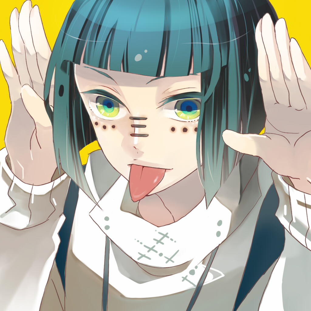 green_eyes green_hair hakama haku japanese_clothes matryoshka_(vocaloid) multicolored_eyes musou_yuchi parody sen_to_chihiro_no_kamikakushi studio_ghibli tongue yellow_eyes