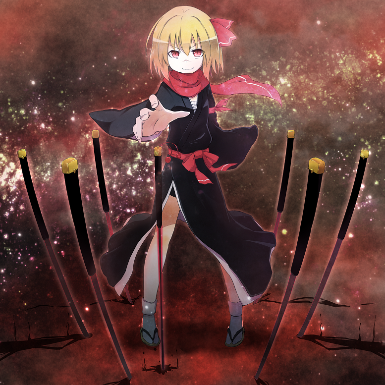alternate_costume blonde_hair geta japanese_clothes planted_sword planted_weapon red_eyes rumia sandals scarf short_hair smile solo sword tabi touhou weapon yutamaro