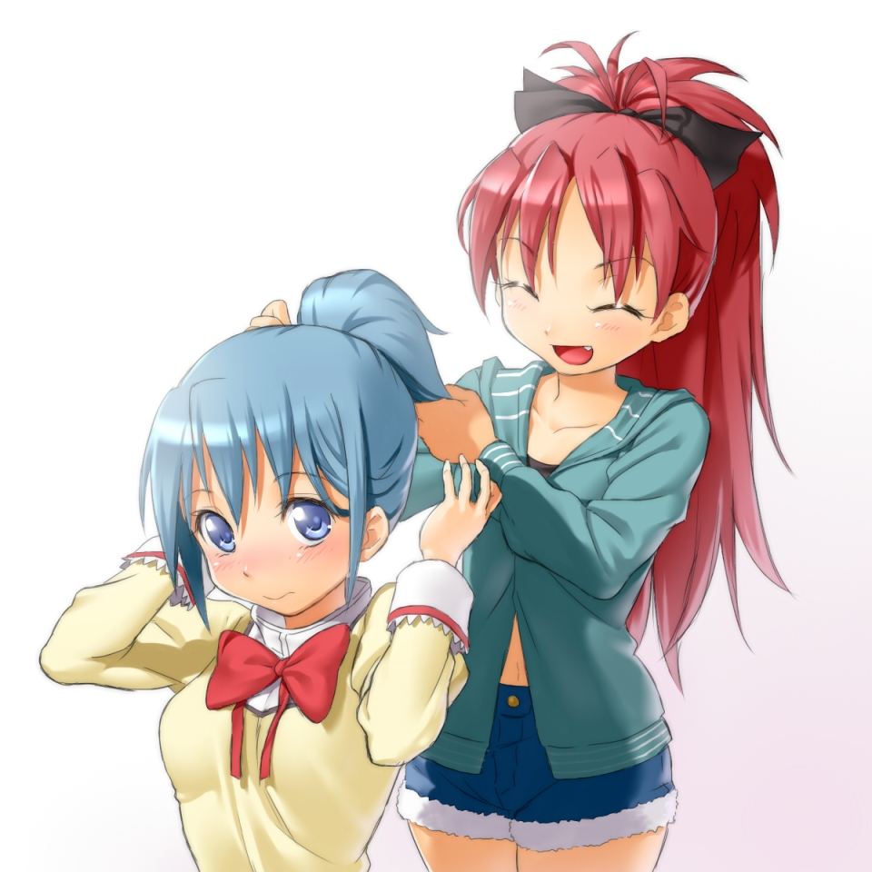 :d :s ^_^ alternate_hairstyle blue_eyes blue_hair blush bow closed_eyes collarbone cutoffs eyes_closed fang hair_bow hoodie long_hair mahou_shoujo_madoka_magica midriff miki_sayaka multiple_girls navel onsoku_maru open_mouth ponytail red_hair redhead sakura_kyouko school_uniform shirt short_hair shorts smile tying_hair wide_ponytail