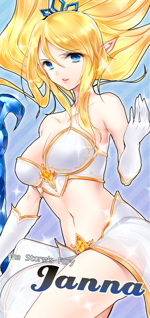 bare_shoulders blonde_hair blue_eyes breasts bustier character_name elf gloves janna_windforce joypyonn league_of_legends long_hair midriff navel pointy_ears solo white_gloves