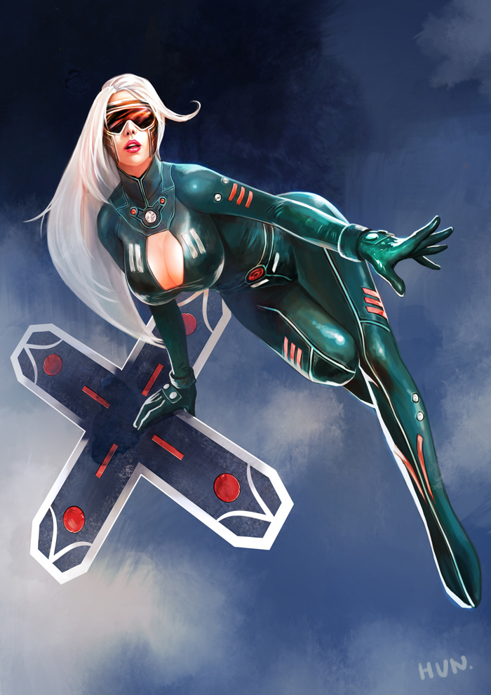 alternate_costume artist_request bodysuit boomerang breasts cleavage cleavage_cutout gloves hun. large_breasts league_of_legends leaning_forward lips lipstick long_hair makeup silver_hair sivir solo visor weapon
