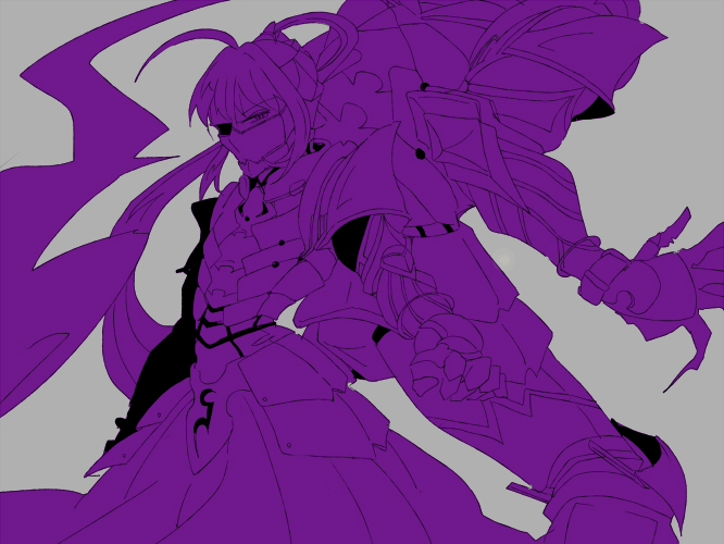 1girl armor armored_dress berserker_(fate/zero) berserker_(fate/zero)_(cosplay) dress fate/zero fate_(series) kokutouxxx mask monochrome purple saber