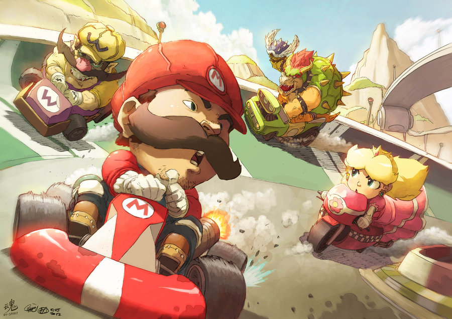 1other 3boys blue_shell blue_sky bowser chibi cloud clouds collaboration driving facial_hair food fruit grin holding jeffrey_cruz kart looking_back mario super_mario_bros. mario_kart mario_kart_64 mario_kart_8 monster mortorcycle motor_vehicle motorcycle mountain mustache nintendo nintendo_ead nose peach perspective princess princess_peach racing ry-spirit shell signature sky smile stubble super_mario_bros. teeth vehicle wario