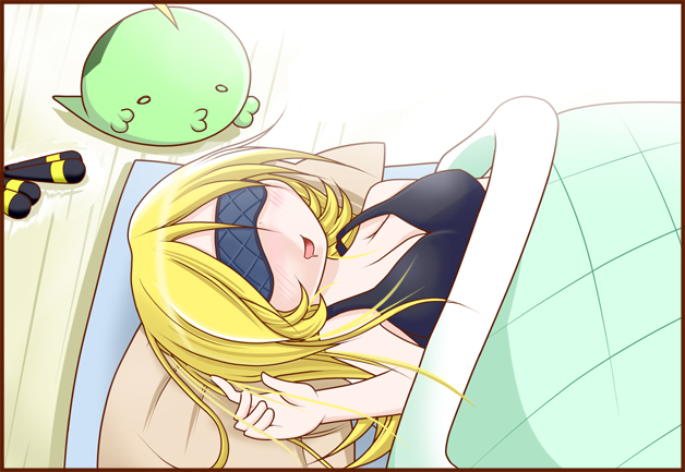 1girl blush creature futon gulpin long_hair lying on_back pillow pokemon pokemon_(creature) shirona_(pokemon) sleep_mask sleeping solo sougetsu_(yosinoya35)