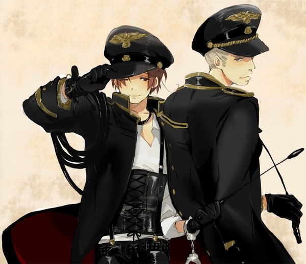 axis_powers_hetalia blonde_hair brown_hair cuffs from_behind germany_(hetalia) gloves hand_cuffs handcuffs hat jewelry looking_back military military_uniform multiple_boys necklace northern_italy_(hetalia) open_clothes peaked_cap riding_crop salute short_hair silver_hair smile suspenders trench_coat uniform wink