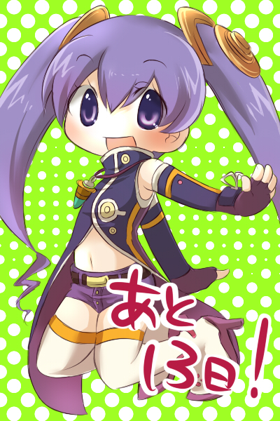 ar_tonelico_iii chibi cocona_vatel elbow_gloves fingerless_gloves gloves gust hair_ornament jewelry long_hair multicolored_legwear multicolored_thighhighs navel necklace pendant purple_eyes purple_hair solo thigh-highs thighhighs twintails very_long_hair violet_eyes white_legwear white_thighhighs yasai