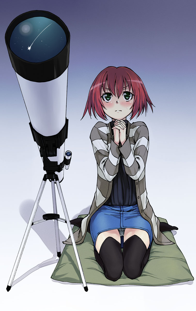 as-special braid darker_than_black green_eyes hands_together highres panties pantyshot pantyshot_sitting pink_hair praying reflection satou_atsuki seiza shooting_star short_hair single_braid sitting sitting_on_pillow skirt solo suou_pavlichenko sweatdrop sweater telescope thigh-highs thighhighs underwear