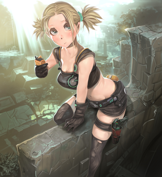 gloves gun holster kichin_yarou leg_band midriff no_lineart original ruins short_hair shorts solo thigh-highs thigh_holster thigh_strap thighhighs twintails weapon